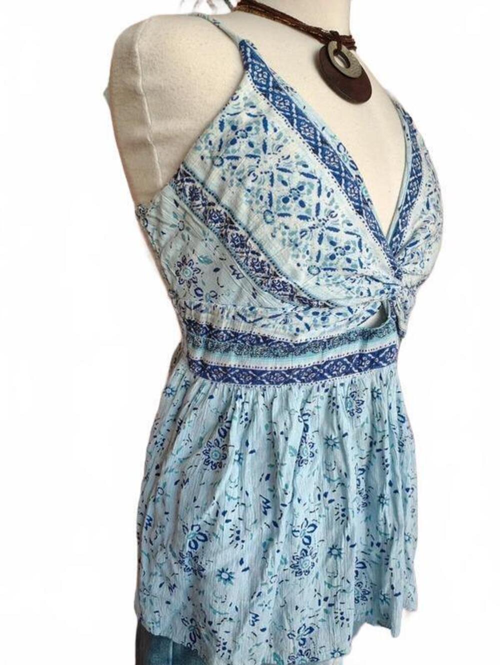 Mi Ami Boho Blue Floral Twist Front Peplum Tank Top XL